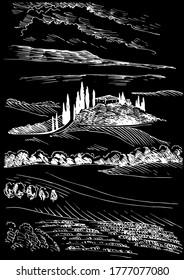 Campo de hierba verde en pequeñas colinas. pradera, álcali, lejía, prados, pomelo, pulga, pasto, granja. Paisajes rurales con vistas panorámicas de paisajes rurales. Ilustración de esbozo de vector