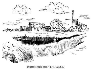 Campo de hierba verde en pequeñas colinas. pradera, álcali, lejía, prados, pomelo, pulga, pasto, granja. Paisajes rurales con vistas panorámicas de paisajes rurales. Ilustración de esbozo de vector