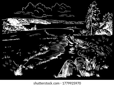 Campo de hierba verde en pequeñas colinas. pradera, álcali, lejía, prados, pomelo, pulga, pasto, granja. Paisajes rurales con vistas panorámicas de paisajes rurales. Ilustración de esbozo de vector