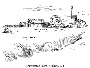 Green grass field on small hills. Meadow, alkali, lye, grassland, pommel, lea, pasturage, farm. Rural scenery landscape panorama of countryside pastures. Vector sketch illustration