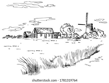 Green grass field on small hills. Meadow, alkali, lye, grassland, pommel, lea, pasturage, farm. Rural scenery landscape panorama of countryside pastures. Vector sketch illustration
