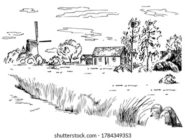 Campo de hierba verde en pequeñas colinas. pradera, álcali, lejía, prados, pomelo, pulga, pasto, granja. Paisajes rurales con vistas panorámicas de paisajes rurales. Ilustración de esbozo de vector