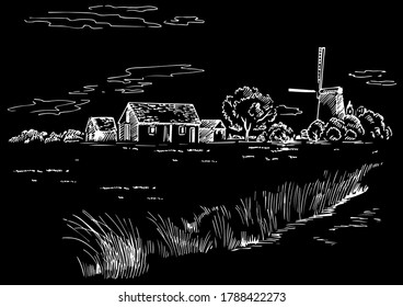 Green grass field on small hills. Meadow, alkali, lye, grassland, pommel, lea, pasturage, farm. Rural scenery landscape panorama of countryside pastures. Vector sketch illustration