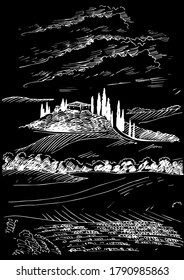 Grünes Grasfeld auf kleinen Hügeln. Weide, Alkali, Lye, Grasland, Pommel, Lea, Weide, Bauernhof. Landschaftliches Panorama auf die Landschaft der Weiden. Vektorgrafik