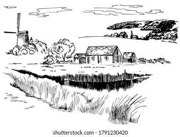 Green grass field on small hills. Meadow, alkali, lye, grassland, pommel, lea, pasturage, farm. Rural scenery landscape panorama of countryside pastures. Vector sketch illustration