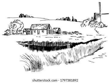 Green grass field on small hills. Meadow, alkali, lye, grassland, pommel, lea, pasturage, farm. Rural scenery landscape panorama of countryside pastures. Vector sketch illustration
