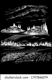 Grünes Grasfeld auf kleinen Hügeln. Weide, Alkali, Lye, Grasland, Pommel, Lea, Weide, Bauernhof. Landschaftliches Panorama auf die Landschaft der Weiden. Vektorgrafik