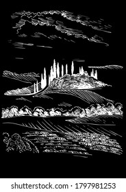 Campo de hierba verde en pequeñas colinas. pradera, álcali, lejía, prados, pomelo, pulga, pasto, granja. Paisajes rurales con vistas panorámicas de paisajes rurales. Ilustración de esbozo de vector