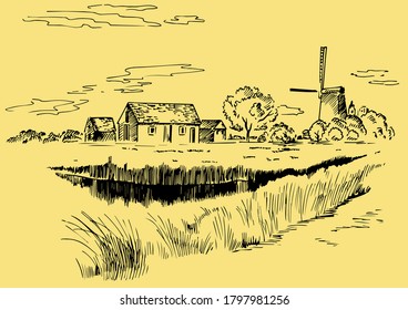 Green grass field on small hills. Meadow, alkali, lye, grassland, pommel, lea, pasturage, farm. Rural scenery landscape panorama of countryside pastures. Vector sketch illustration