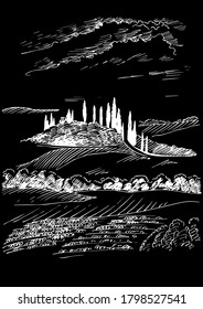 Campo de hierba verde en pequeñas colinas. pradera, álcali, lejía, prados, pomelo, pulga, pasto, granja. Paisajes rurales con vistas panorámicas de paisajes rurales. Ilustración de esbozo de vector