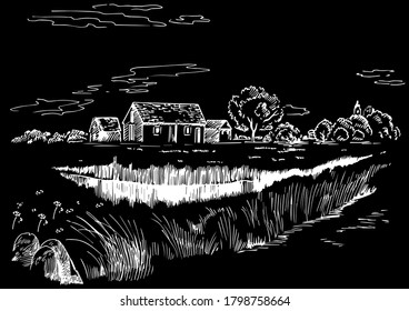 Green grass field on small hills. Meadow, alkali, lye, grassland, pommel, lea, pasturage, farm. Rural scenery landscape panorama of countryside pastures. Vector sketch illustration