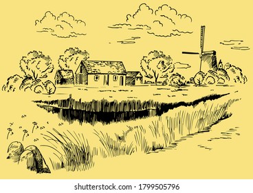 Green grass field on small hills. Meadow, alkali, lye, grassland, pommel, lea, pasturage, farm. Rural scenery landscape panorama of countryside pastures. Vector sketch illustration