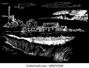 Green grass field on small hills. Meadow, alkali, lye, grassland, pommel, lea, pasturage, farm. Rural scenery landscape panorama of countryside pastures. Vector sketch illustration