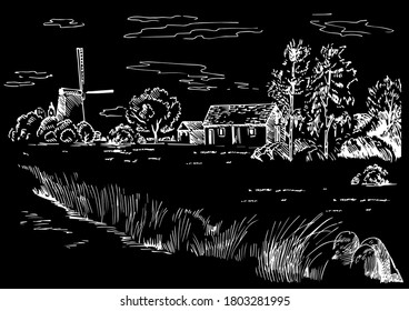 Green grass field on small hills. Meadow, alkali, lye, grassland, pommel, lea, pasturage, farm. Rural scenery landscape panorama of countryside pastures. Vector sketch illustration