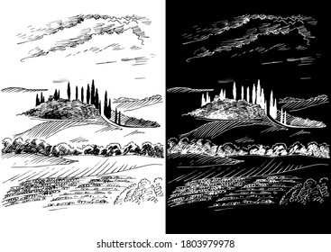 Green grass field on small hills. Meadow, alkali, lye, grassland, pommel, lea, pasturage, farm. Rural scenery landscape panorama of countryside pastures. Vector sketch illustration