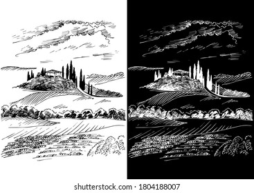 Campo de hierba verde en pequeñas colinas. pradera, álcali, lejía, prados, pomelo, pulga, pasto, granja. Paisajes rurales con vistas panorámicas de paisajes rurales. Ilustración de esbozo de vector