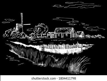 Green grass field on small hills. Meadow, alkali, lye, grassland, pommel, lea, pasturage, farm. Rural scenery landscape panorama of countryside pastures. Vector sketch illustration