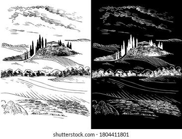 Grünes Grasfeld auf kleinen Hügeln. Weide, Alkali, Lye, Grasland, Pommel, Lea, Weide, Bauernhof. Landschaftliches Panorama auf die Landschaft der Weiden. Vektorgrafik