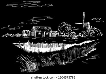 Green grass field on small hills. Meadow, alkali, lye, grassland, pommel, lea, pasturage, farm. Rural scenery landscape panorama of countryside pastures. Vector sketch illustration