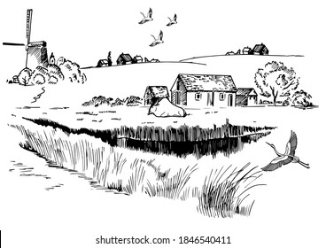 Green grass field on small hills. Meadow, alkali, lye, grassland, pommel, lea, pasturage, farm. Rural scenery landscape panorama of countryside pastures. Vector sketch illustration