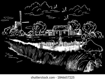 Green grass field on small hills. Meadow, alkali, lye, grassland, pommel, lea, pasturage, farm. Rural scenery landscape panorama of countryside pastures. Vector sketch illustration