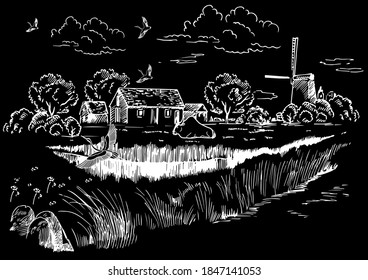 Green grass field on small hills. Meadow, alkali, lye, grassland, pommel, lea, pasturage, farm. Rural scenery landscape panorama of countryside pastures. Vector sketch illustration