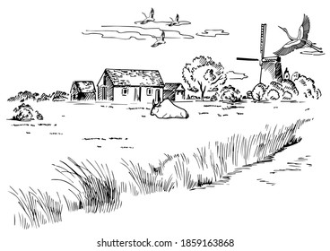 Campo de hierba verde en pequeñas colinas. pradera, álcali, lejía, prados, pomelo, pulga, pasto, granja. Paisajes rurales con vistas panorámicas de paisajes rurales. Ilustración de esbozo de vector