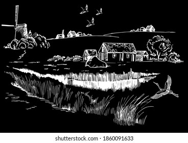 Grünes Grasfeld auf kleinen Hügeln. Weide, Alkali, Lye, Grasland, Pommel, Lea, Weide, Bauernhof. Landschaftliches Panorama auf die Landschaft der Weiden. Vektorgrafik
