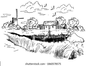 Green grass field on small hills. Meadow, alkali, lye, grassland, pommel, lea, pasturage, farm. Rural scenery landscape panorama of countryside pastures. Vector sketch illustration