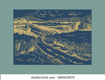 Grünes Grasfeld auf kleinen Hügeln. Weide, Alkali, Lye, Grasland, Pommel, Lea, Weide, Bauernhof. Landschaftliches Panorama auf die Landschaft der Weiden. Vektorgrafik