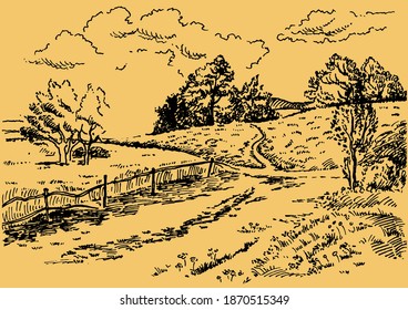 Campo de hierba verde en pequeñas colinas. pradera, álcali, lejía, prados, pomelo, pulga, pasto, granja. Paisajes rurales con vistas panorámicas de paisajes rurales. Ilustración de esbozo de vector