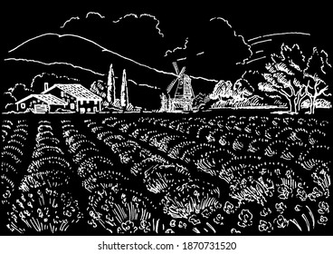 Green grass field on small hills. Meadow, alkali, lye, grassland, pommel, lea, pasturage, farm. Rural scenery landscape panorama of countryside pastures. Vector sketch illustration