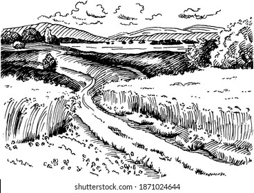 Campo de hierba verde en pequeñas colinas. pradera, álcali, lejía, prados, pomelo, pulga, pasto, granja. Paisajes rurales con vistas panorámicas de paisajes rurales. Ilustración de esbozo de vector