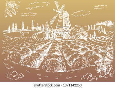 Green grass field on small hills. Meadow, alkali, lye, grassland, pommel, lea, pasturage, farm. Rural scenery landscape panorama of countryside pastures. Vector sketch illustration