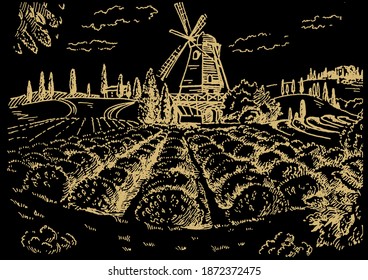 Campo de hierba verde en pequeñas colinas. pradera, álcali, lejía, prados, pomelo, pulga, pasto, granja. Paisajes rurales con vistas panorámicas de paisajes rurales. Ilustración de esbozo de vector