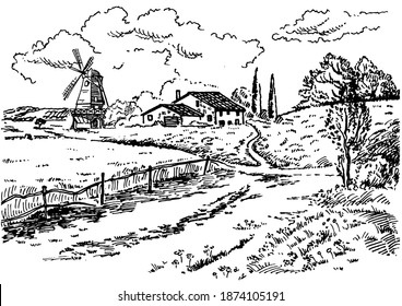 Green grass field on small hills. Meadow, alkali, lye, grassland, pommel, lea, pasturage, farm. Rural scenery landscape panorama of countryside pastures. Vector sketch illustration