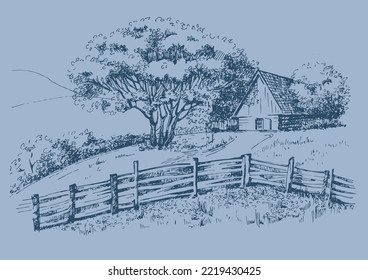 Green grass field on small hills. Meadow, alkali, lye, grassland, pommel, lea, pasturage, farm. Rural scenery landscape panorama of countryside pastures. Vector sketch illustration
