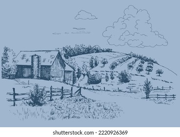 Grünes Grasfeld auf kleinen Hügeln. Weide, Alkali, Lye, Grasland, Pommel, Lea, Weide, Bauernhof. Landschaftliches Panorama auf die Landschaft der Weiden. Vektorgrafik