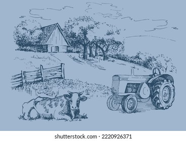 Green grass field on small hills. Meadow, alkali, lye, grassland, pommel, lea, pasturage, farm. Rural scenery landscape panorama of countryside pastures. Vector sketch illustration