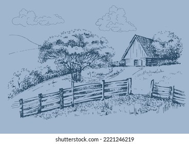 Green grass field on small hills. Meadow, alkali, lye, grassland, pommel, lea, pasturage, farm. Rural scenery landscape panorama of countryside pastures. Vector sketch illustration