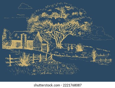 Green grass field on small hills. Meadow, alkali, lye, grassland, pommel, lea, pasturage, farm. Rural scenery landscape panorama of countryside pastures. Vector sketch illustration
