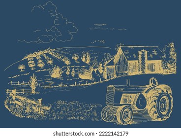 Green grass field on small hills. Meadow, alkali, lye, grassland, pommel, lea, pasturage, farm. Rural scenery landscape panorama of countryside pastures. Vector sketch illustration