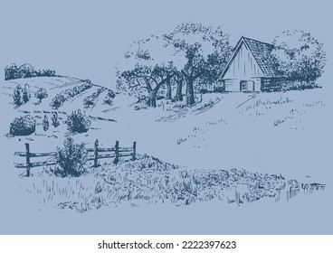 Green grass field on small hills. Meadow, alkali, lye, grassland, pommel, lea, pasturage, farm. Rural scenery landscape panorama of countryside pastures. Vector sketch illustration