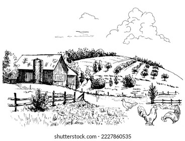 Campo de hierba verde en pequeñas colinas. pradera, álcali, lejía, prados, pomelo, pulga, pasto, granja. Paisajes rurales con vistas panorámicas de paisajes rurales. Ilustración de esbozo de vector
