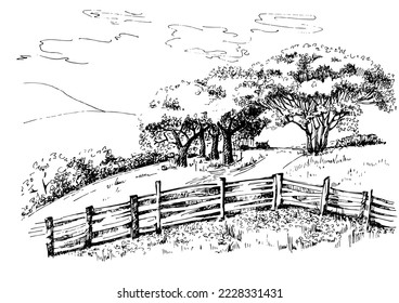 Grünes Grasfeld auf kleinen Hügeln. Weide, Alkali, Lye, Grasland, Pommel, Lea, Weide, Bauernhof. Landschaftliches Panorama auf die Landschaft der Weiden. Vektorgrafik
