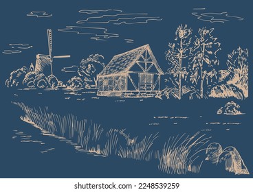 Grünes Grasfeld auf kleinen Hügeln. Weide, Alkali, Lye, Grasland, Pommel, Lea, Weide, Bauernhof. Landschaftliches Panorama auf die Landschaft der Weiden. Vektorgrafik
