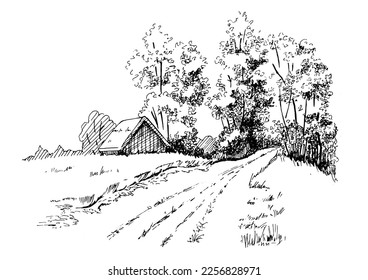 Green grass field on small hills. Meadow, alkali, lye, grassland, pommel, lea, pasturage, farm. Rural scenery landscape panorama of countryside pastures. Vector sketch illustration