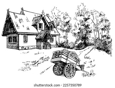 Green grass field on small hills. Meadow, alkali, lye, grassland, pommel, lea, pasturage, farm. Rural scenery landscape panorama of countryside pastures. Vector sketch illustration