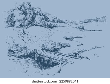 Campo de hierba verde en pequeñas colinas. pradera, álcali, lejía, prados, pomelo, pulga, pasto, granja. Paisajes rurales con vistas panorámicas de paisajes rurales. Ilustración de esbozo de vector