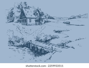 Green grass field on small hills. Meadow, alkali, lye, grassland, pommel, lea, pasturage, farm. Rural scenery landscape panorama of countryside pastures. Vector sketch illustration